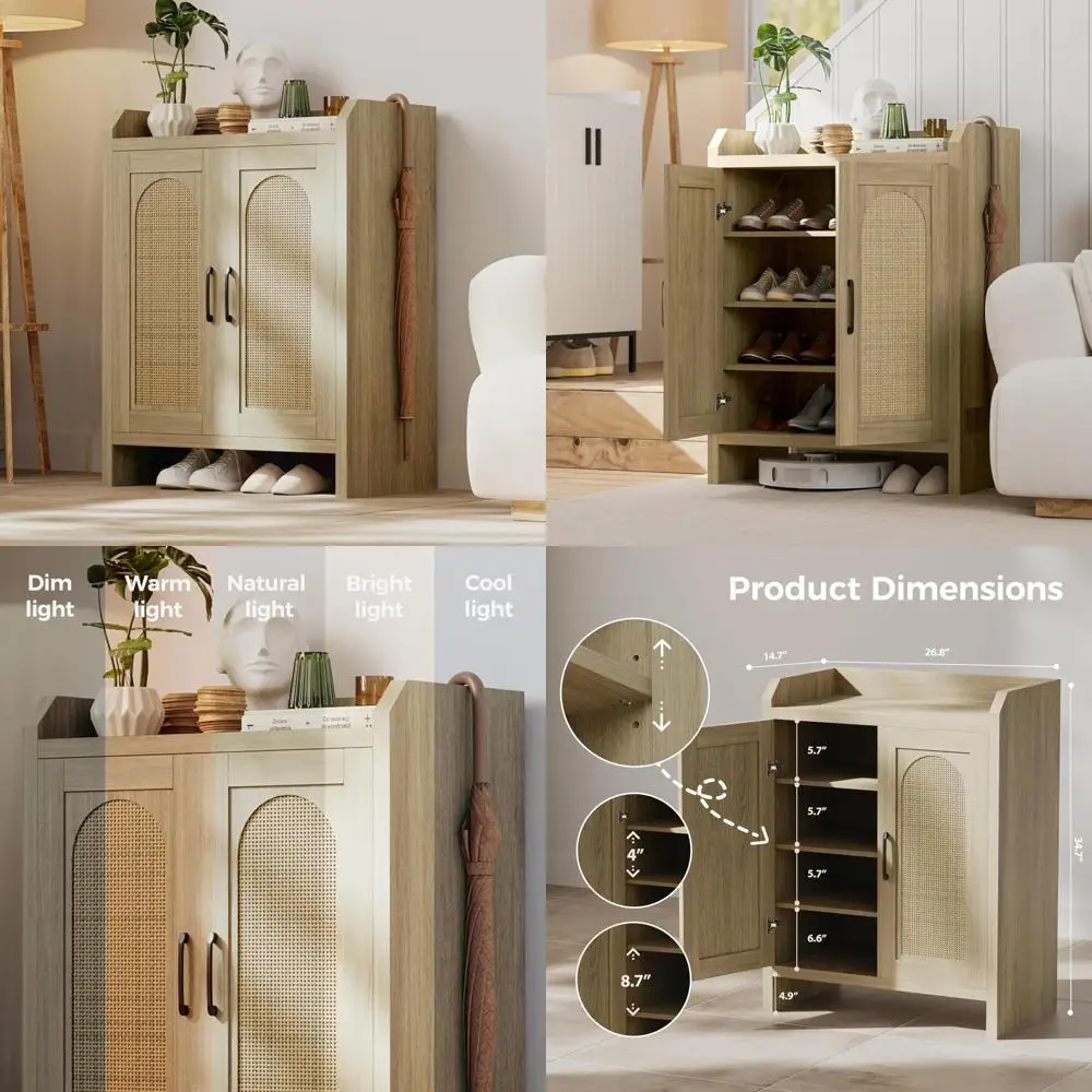 

Farmhouse Style Wooden Shoe Cabinet with Rattan Storage and Doored Organizer for Entryway