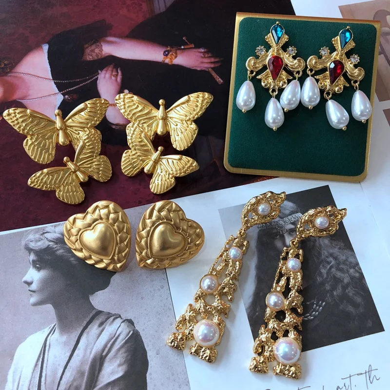 

Real Gold Plated Vintage Butterfly Rhinestone Pearl Beads Silver Needle Stud & Drop Earrings