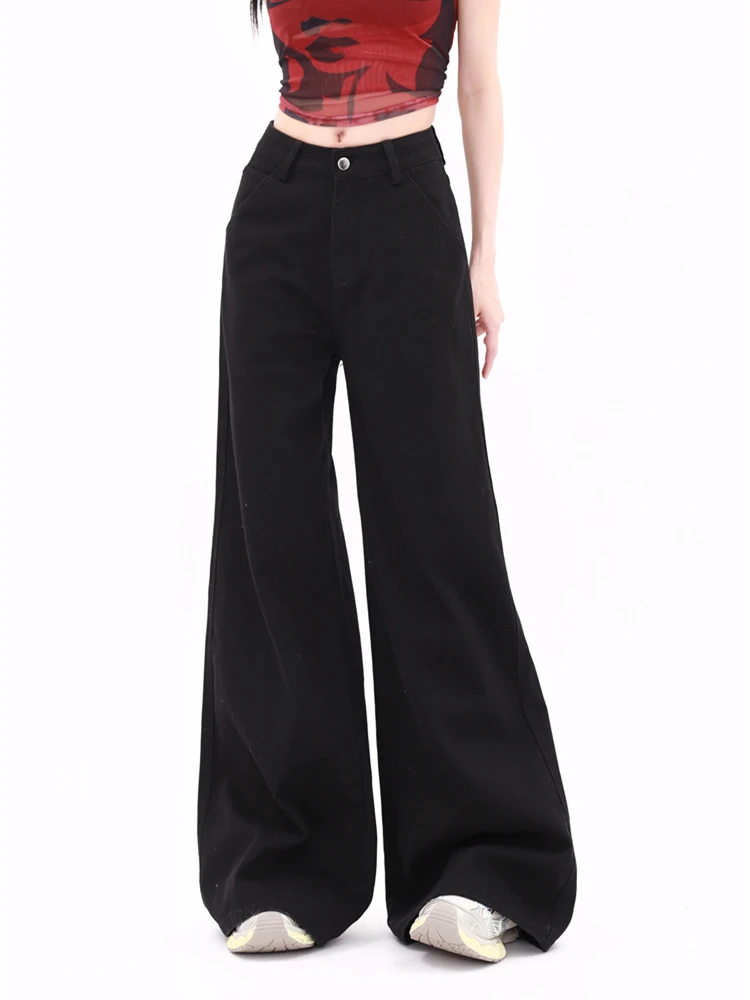 

Женские черные однотонные джинсы с высокой талией, широкая уличная одежда, крутые винтажные брюки для девочек, женские повседневные джинсовые брюки