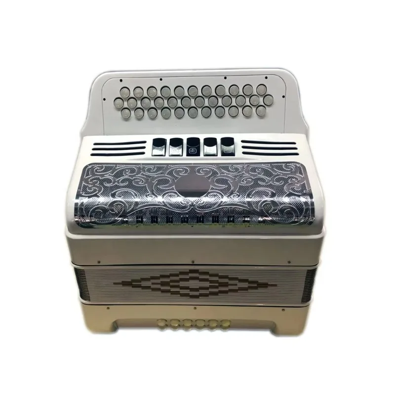 เครื่องดนตรีแอคคอร์เดียนไดอาโทนิก 34 ปุ่ม 12 เบส 5 รีจิสเตอร์ ตัวเครื่องสีขาวสว่าง ตะแกรงสีเงิน ปุ่มสีขาว รุ่น JB3412D