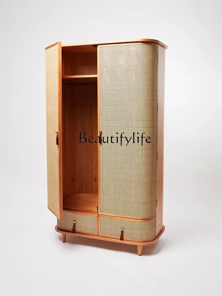

S Nordic Vintage Rattan Solid Wood Storage Two-Door Wardrobe