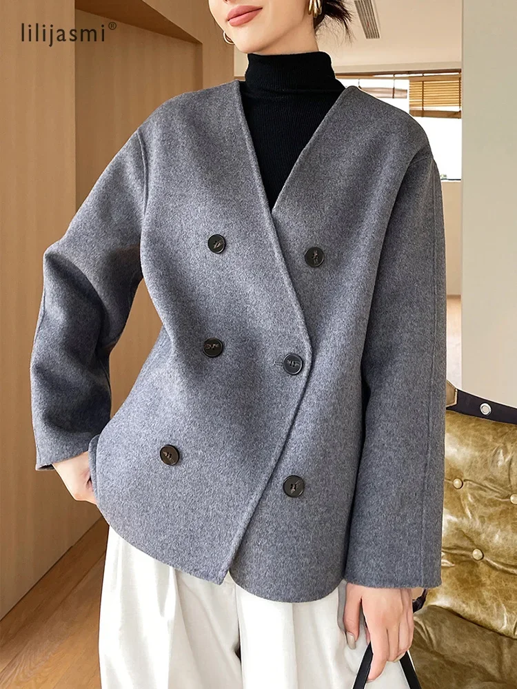 Women 100 Wool Tops Coat Fashion V-neck Short Coats Woolen Jacket Hand Sewing Autumn Winter Wool Blazer Double-Breasted #18