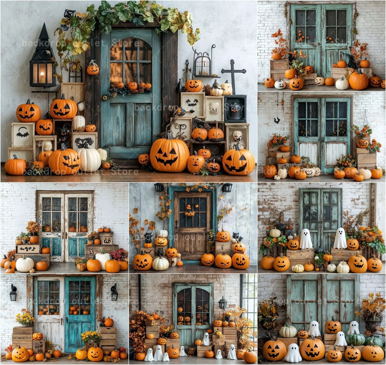 

Mehofond Halloween Autumn Photography Background Rustic Barn Door Pumpkins Lanterns Kids Baby Photography Backdrop Props