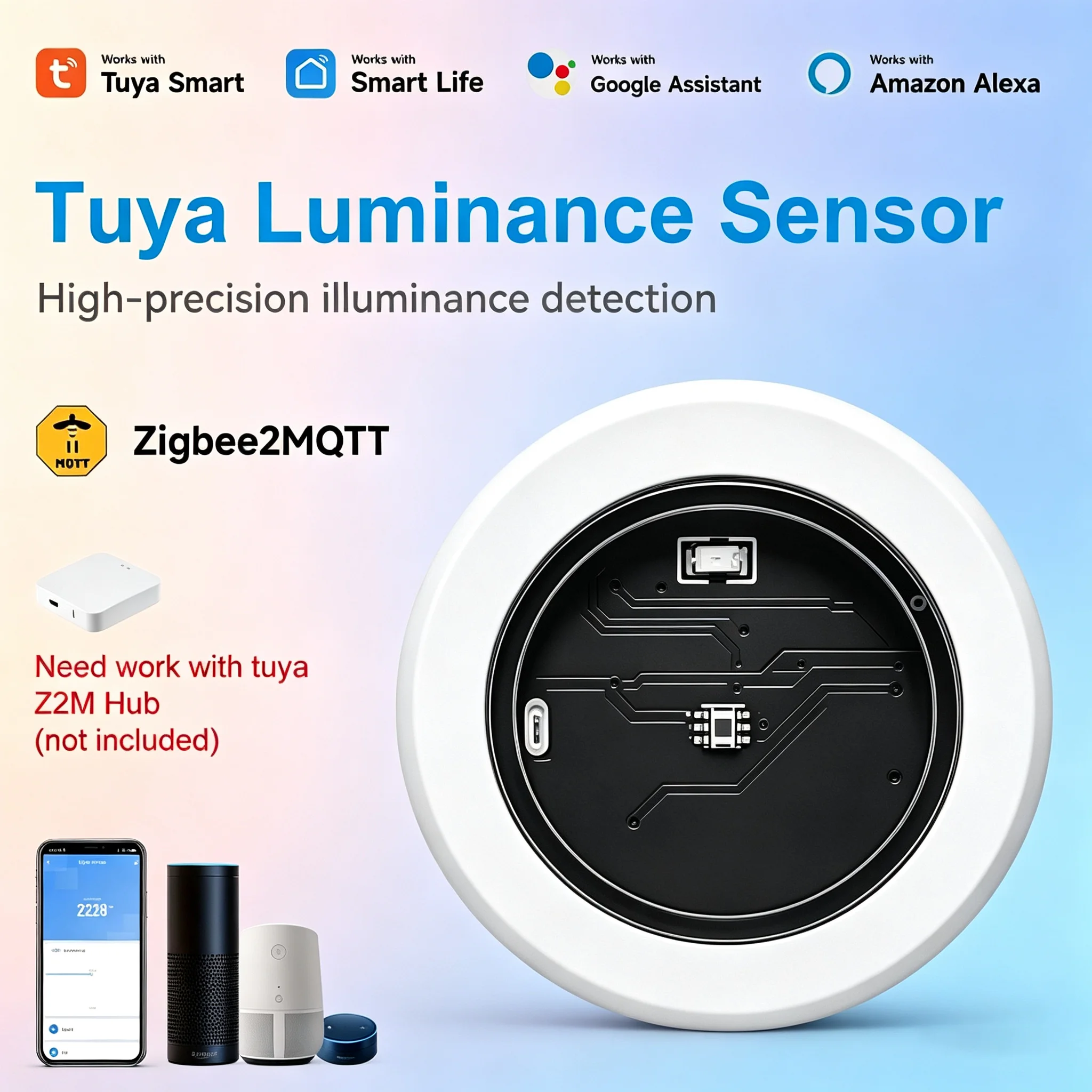 Tuya Zigbee 2MQTT Helligkeitssensor Hochpräziser Beleuchtungsstärkedetektor Kompatibel mit Smart Life Google Alexa für Smart Home