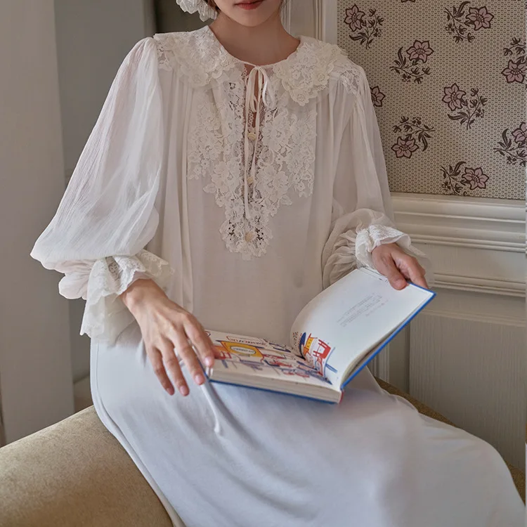 Classical Retro Fairy Modal Lace Nightgown Women Sweet French Style Pajamas Home Wear Palace Gown White Spring Autumn Loungewear
