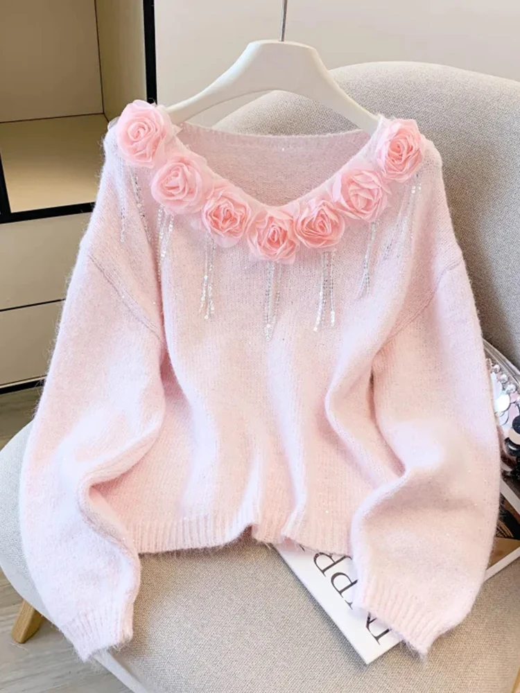 

Chic Tassel Sweet Sweater Women Long Sleeve Loose Cute 3D Floral Knitted Jumpers Fall Winter Fashion V Neck Cute Female Pullover