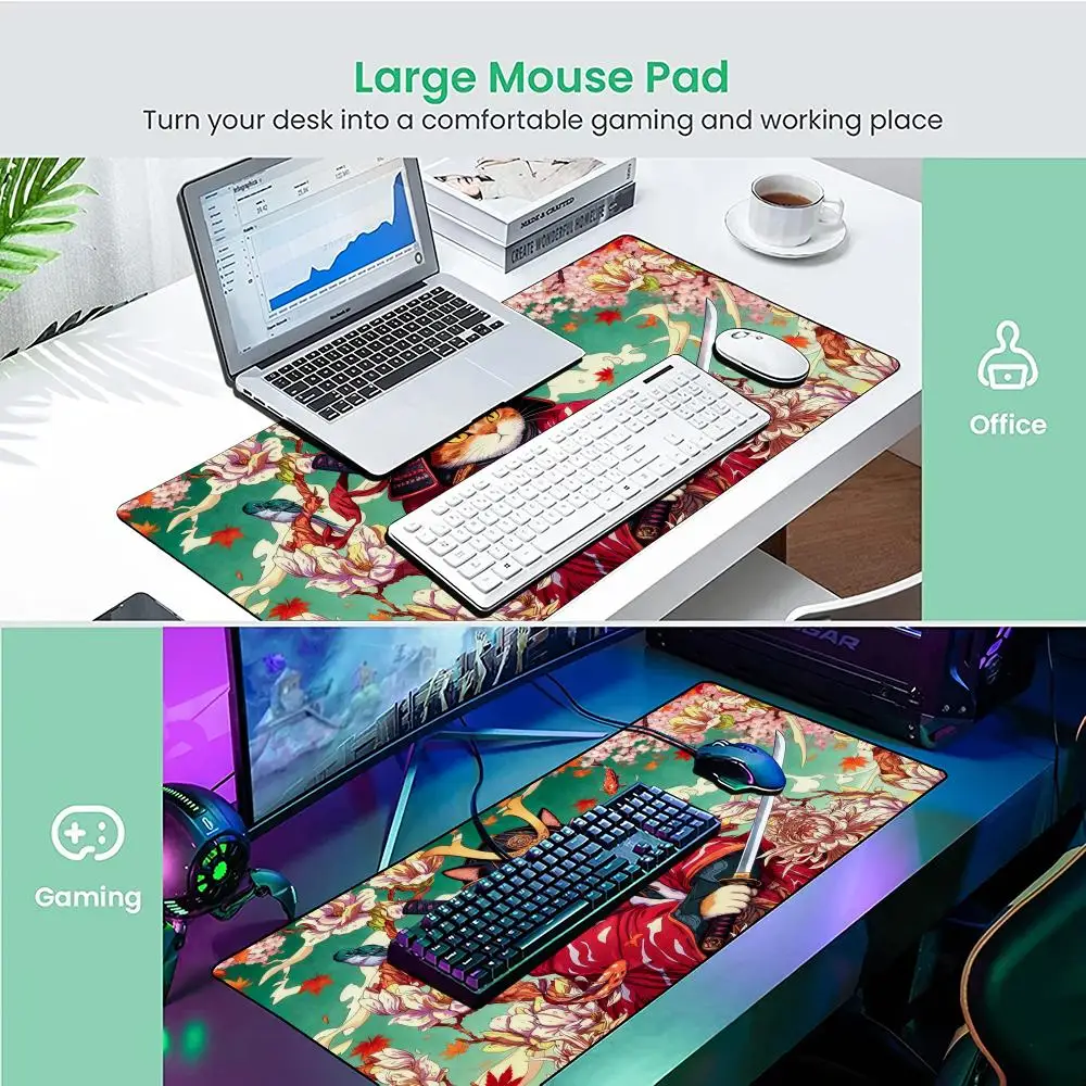 Tappetino per mouse Fantasy giapponese samurai gatto Tappetino per scrivania Tappetini da gioco Accessori da scrivania antiscivolo in gomma adatti per ufficio e giochi