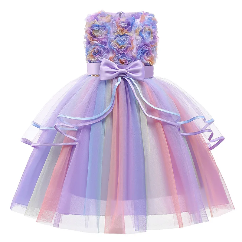 1 2 3 4 5 6 8 10 Years Flowers Baby Girls Dress Summer Rainbow Mesh Little Princess Dress Piano Performance Costume Kids Clothes