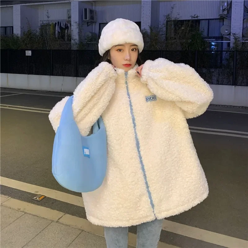 Lamb Wool Coat Winter Clothes Women Zipper Sweatshirt Korean Fashion Thinner Stand Collar Cardigan Harajuku Hoodie Women Y2k