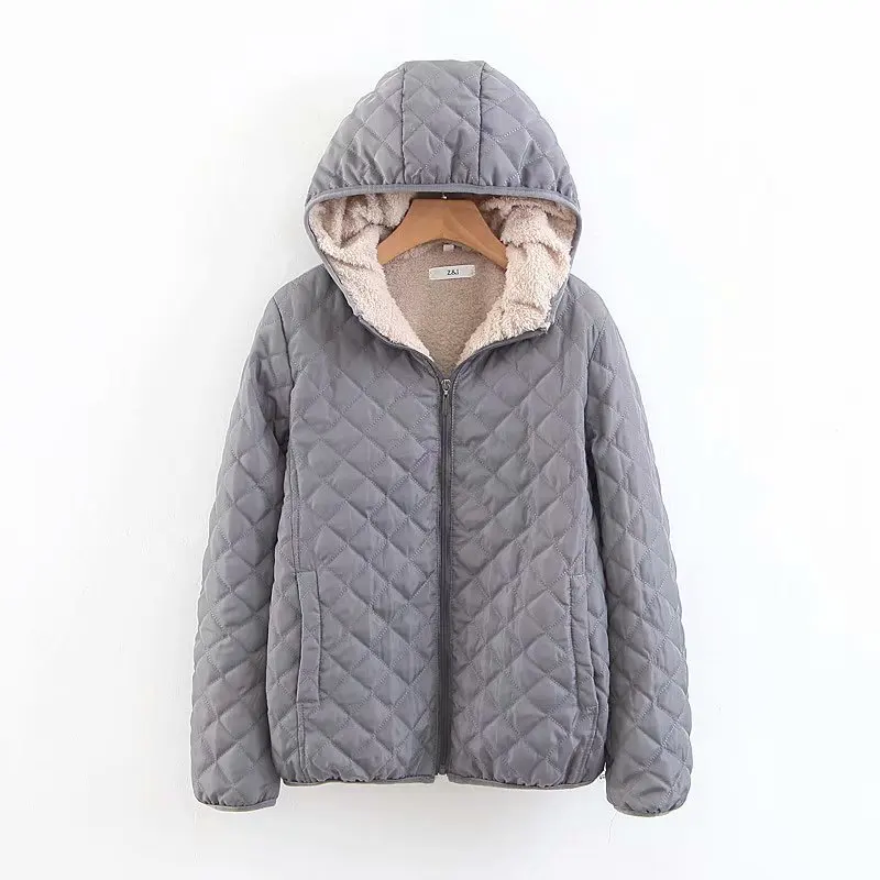 Women\'s Coat Fleece Warm Autumn Winter Hooded Zipper Jacket Plaid Slim Long Sleeve Solid Color Outerwear Female Quilted Coats