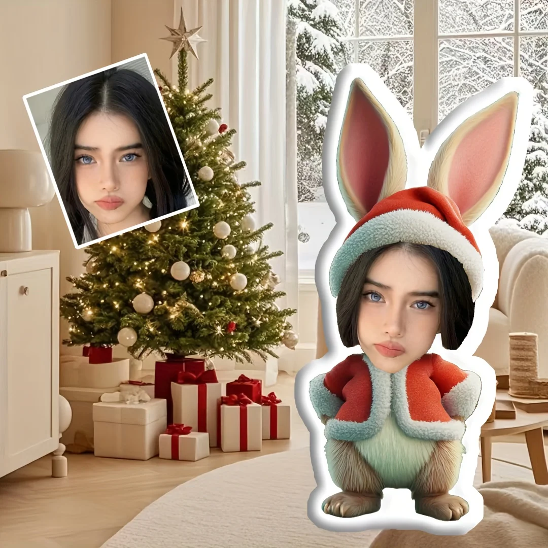 Customized Photo Rabbit Christmas Hat Pillow, Personalized Cute Face Cushion, Soft And Comfortable, Suitable for Bedroom Sofa De