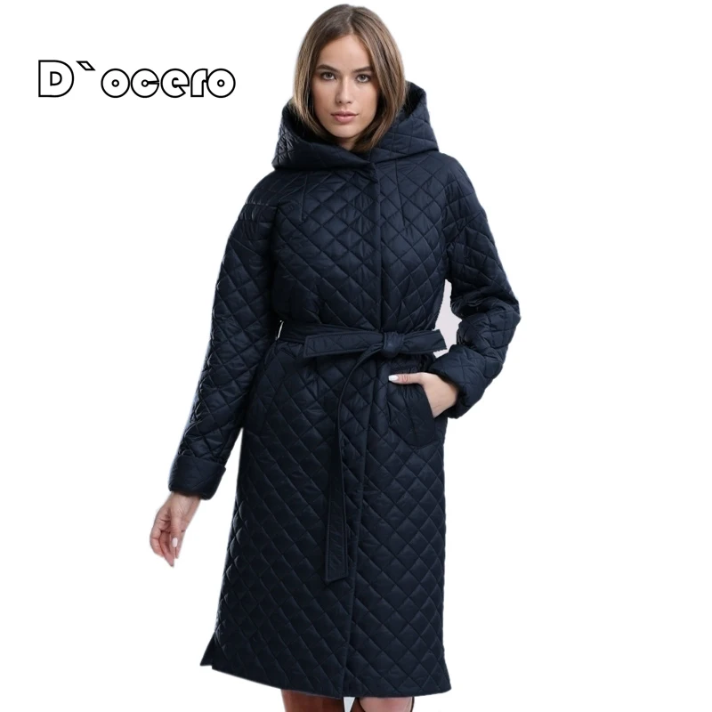 2022 DOCERO Women\'s Jacket Spring Autumn Long Hoodie Quilted Coat Belt Loose Luxury Parka Oversize Clothing Warm Outerwear