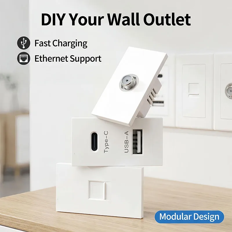 2x4 Inch Tempered Glass DIY Modular Wall Plate NEMA 5-15R Duplex Outlet With Interchangeable Socket Modules For US/Italy/Chile