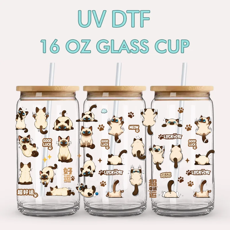 Cute Siamese Cat Kitten UV DTF Cup Wraps 16oz Libbey Glass Cup Lucky Text Paw Print Kawaii Pet Waterproof Transfer Stickers