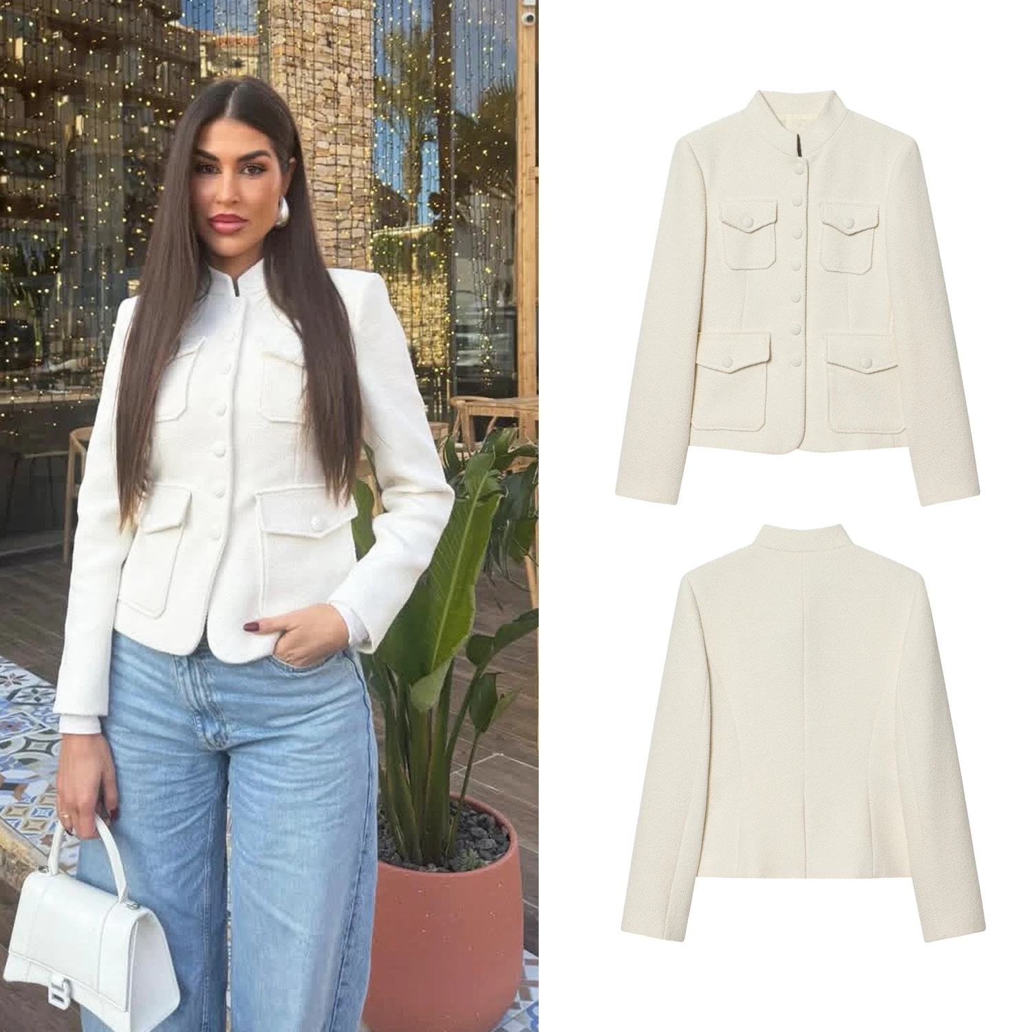 

Women Casual Single Breasted Jackets Spring New Female Stand Neck Full Sleeve Slim Multi-Pockets Blazer Lady Fashion White Coats