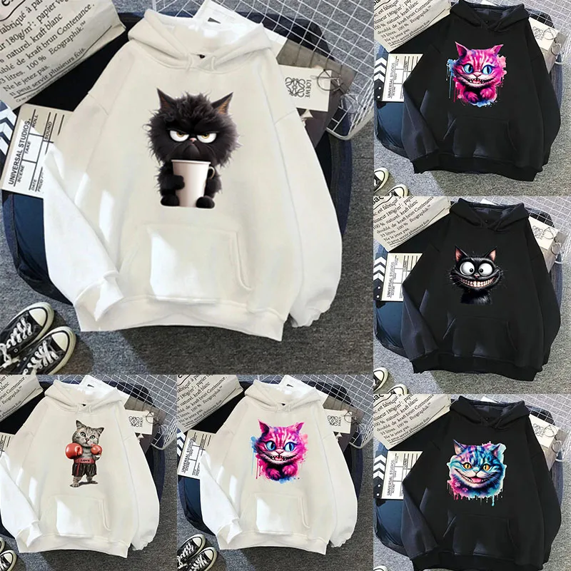 

Cute Cat Animal Women Casual Print Loose Hoodies Spring Y2k Clothes Long Sleeve Hooded Sweatshirt Harajuku Tops Woman Clothing