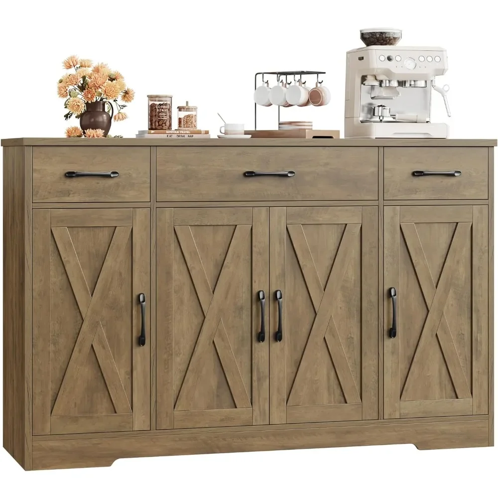 

Buffet Sideboard Cabinet with Drawers, 55" Large Buffet Storage Cabinet with Shelves & 4 Doors, Modern Farmhouse Coffee Bar