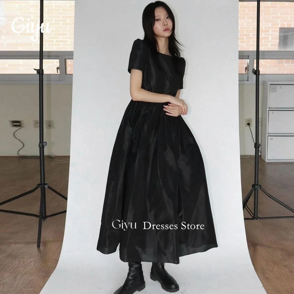 Giyu Korea Short Sleeves Elegant Open Back Evening Dresses 웨딩드레스 Black Taffeta Custom Made Tiered Prom Gowns Plus Size