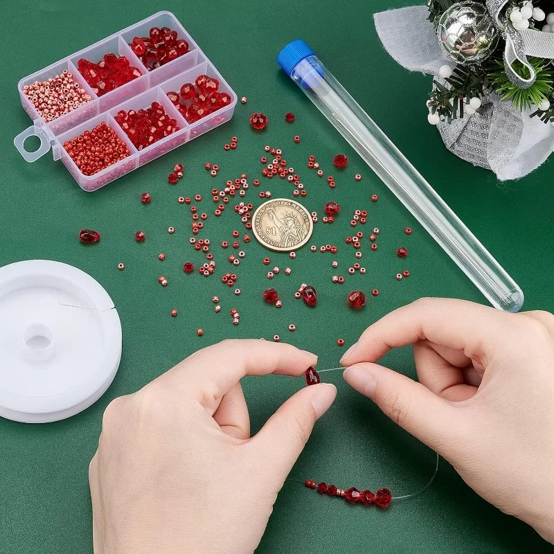 1000+ Red Glass Beads Kit Seed Bicone Imitation Jade Beads Charms Loose Beads Glass Spacer Beads with Elastic Crystal Thread