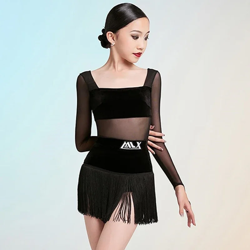 

Latin Dance Practice Dress for Girl's Mesh Long Sleeve Tassel Half Skirt Set Children's Samba Dance Performance Costume