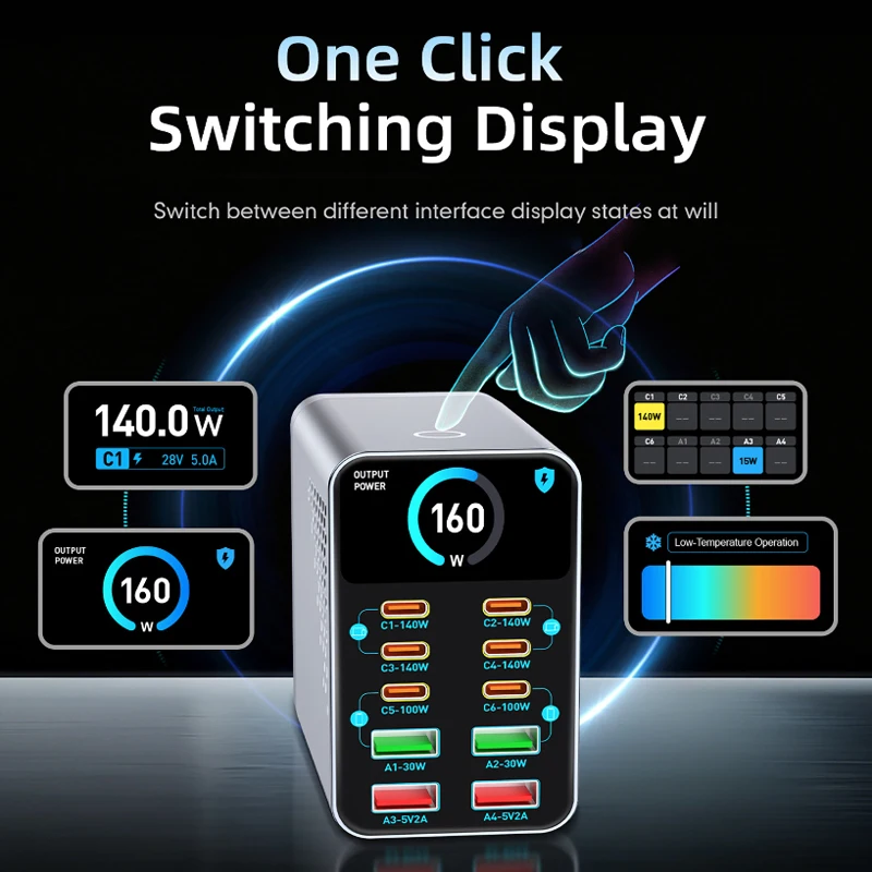 160W GaN Charger 10-IN-1 PD+QC Multi-port Charger USB Type C Digital Display Fast Charging Station For Phone Tablet Fast Charger