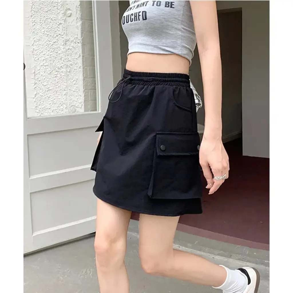 

Women's Summer Casual Drawstring Skirt Grey Loose Waist Slimming A-line Short Skirt for Workwear