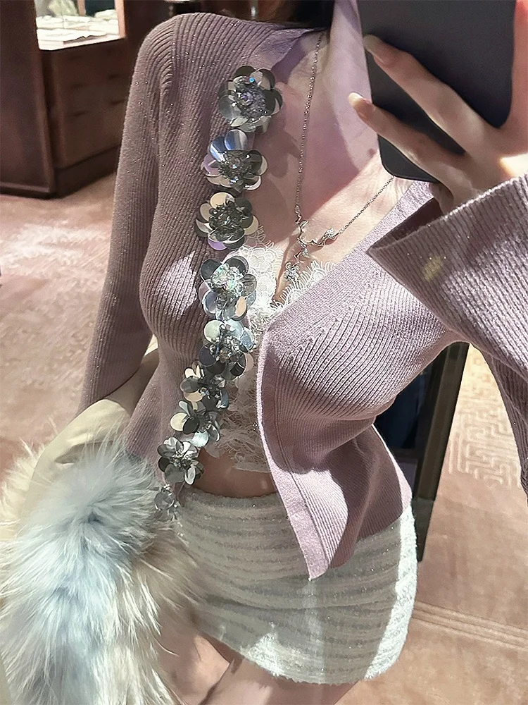 

Handmade Lace Base Tank Top Silver 3D Flower Knitted Open Cardigan Women's Casual Sle Long Sve V-ne Plant Floral Pattern