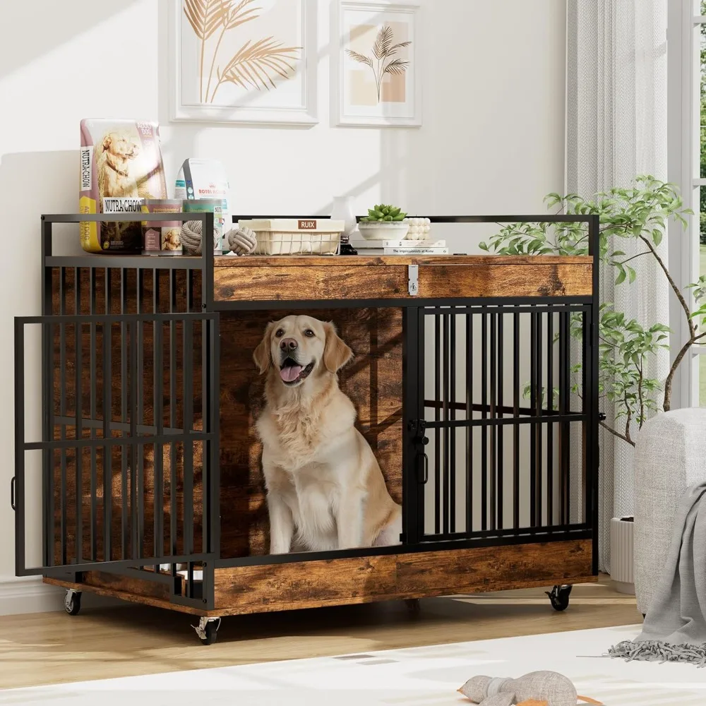 Muebles de caja para perros de 45 pulgadas para perros grandes con 2 tazones de acero inoxidable, mesa grande de madera para gatos, perrera para perros XL resistente