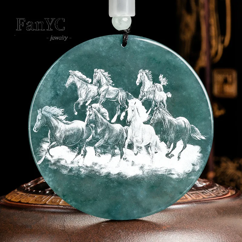 

Myanmar Jadeite Blue Water Shadow Carving Eight Steeds Pendant Hand-carved Exquisite Charm Ice Jade Necklace Men and Women Gift