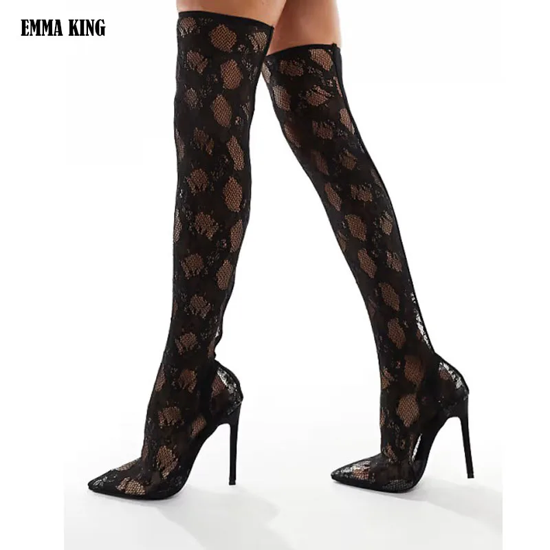 

Luxury Women Nude Mesh Bling Lace Pointed Toe 10 12 CM Thin High Heel Slim Over The Knee Thigh Long Socks Boots