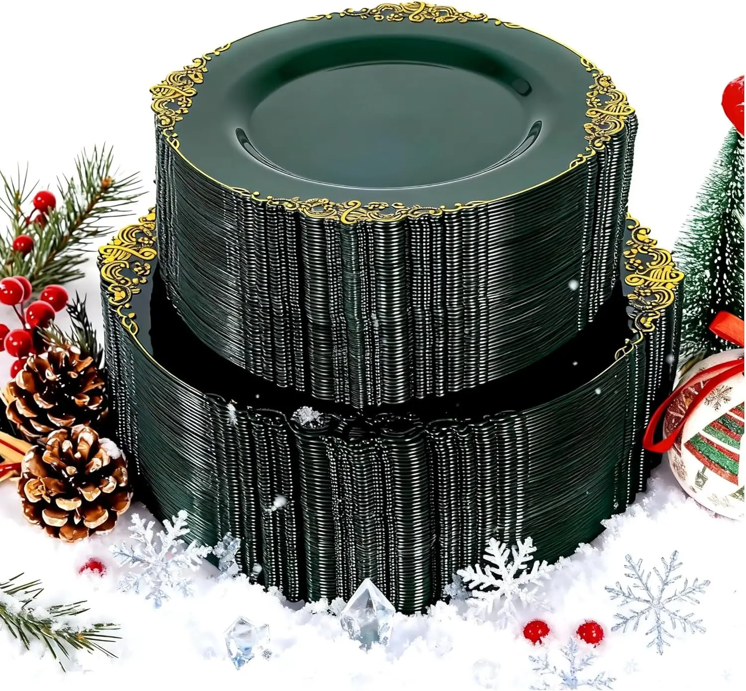 

102 шт. зеленые и золотые одноразовые тарелки для рождественских вечеринок, прочные наборы для ужина и десертов