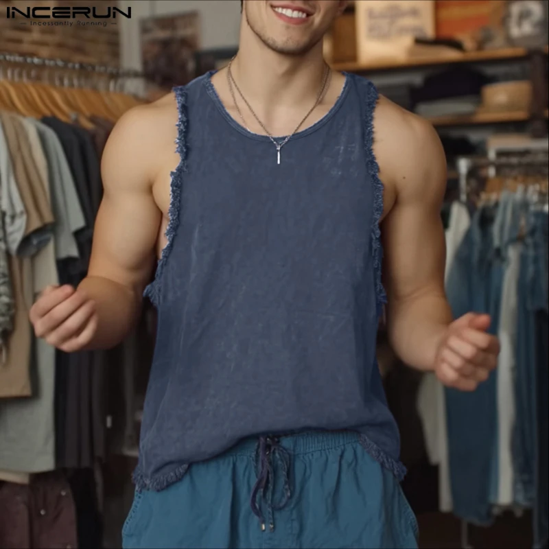 INCERUN Men Tank Tops Solid Color Tassel O-neck Sleeveless Summer Male Vests Streetwear 2025 Fashion Casual Men Clothing S-5XL