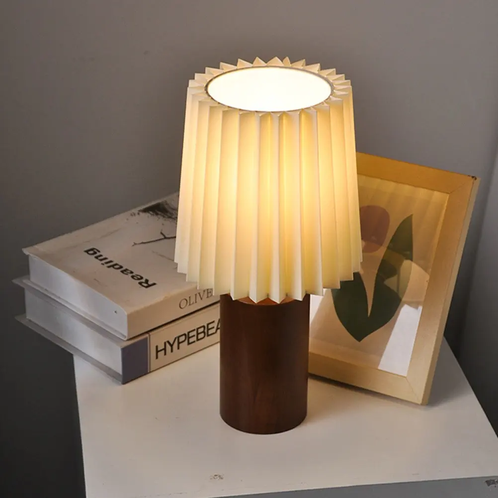 

Pleated Lamp with Wooden Base Simple Chic Table Lamp for Bedrooms Dormitory Dressing Table Bookshelf Night Light Aesthetic