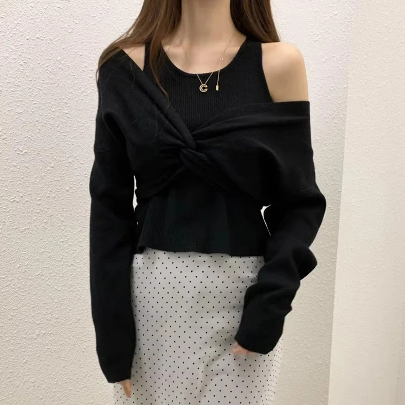 Korejpaa Korean Fashion Pullovers Autumn Round Neck Splicing Pull Femme Fake Two Piece Twisted Off Shoulder Knitted Sweater Top