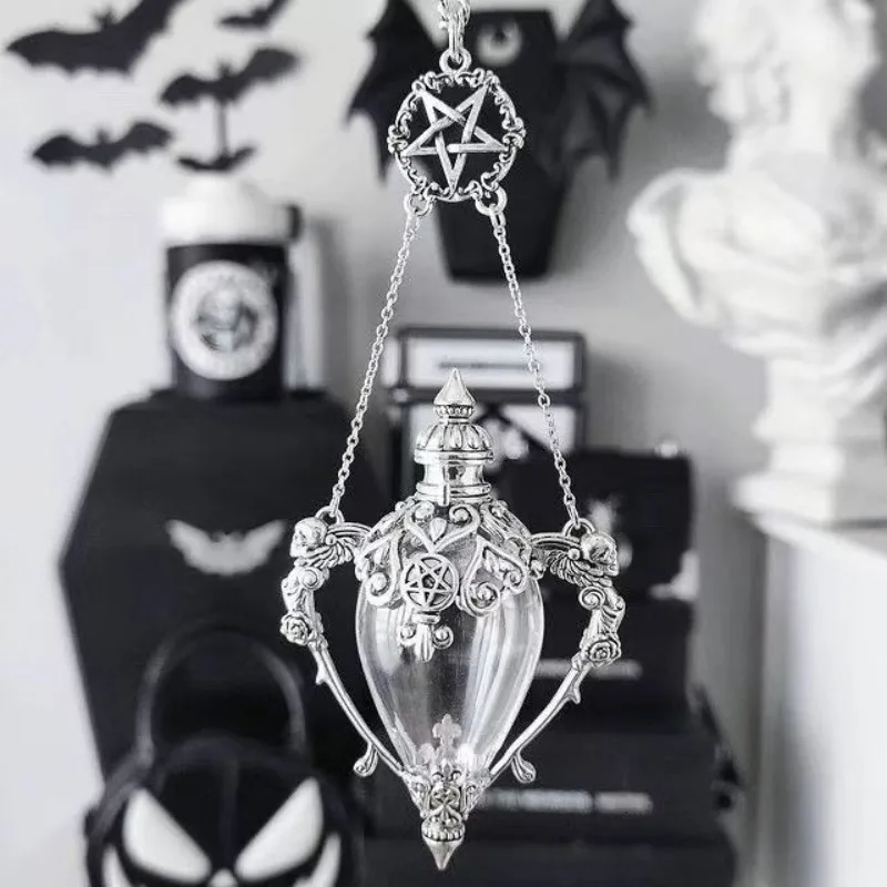 Mystical Silver Pendant Necklace KILLSTAR - Kiss of Death Vial Necklace Cosplay Chain Gothic Goth Witch Wizard Jewelry Gift