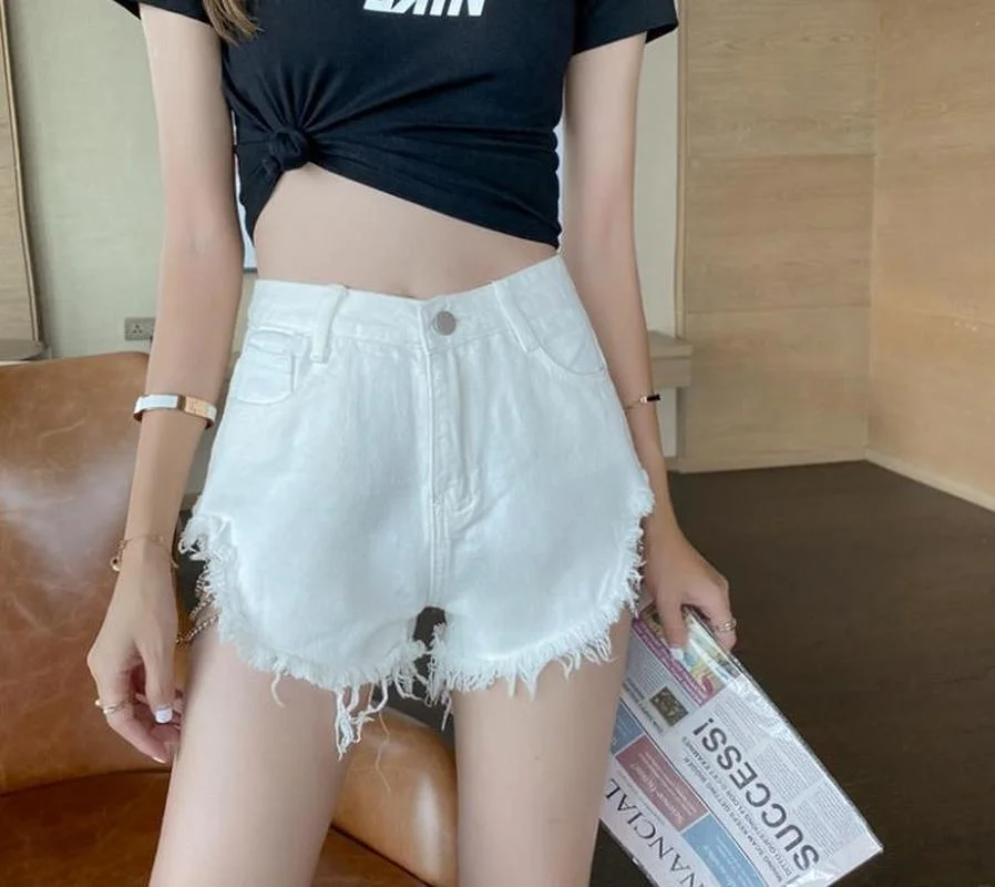 2024 New Women Sexy Blue Streetwear High-waist Lace-up Fringed Denim Shorts Hem Ripped Short Jeans Skinny Summer Women\'s Shorts