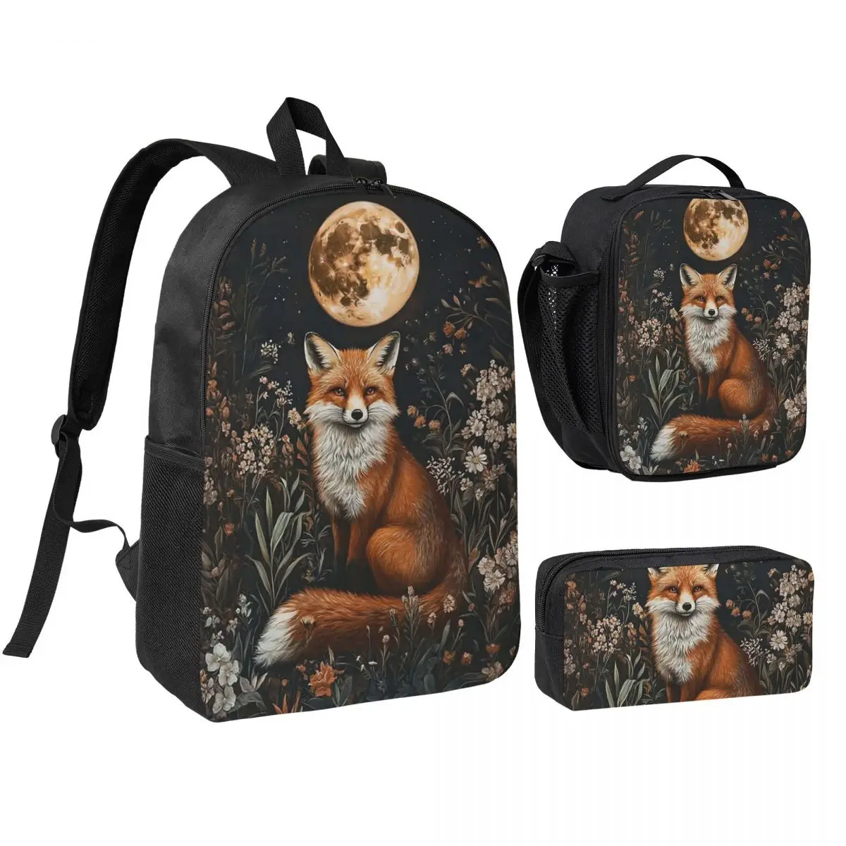 Enchanted Woodland Fox Moonlit Night Backpack Student BookBag School Bag Shoulder Bags 3ps Insulated Lunch Bag Pencil Case