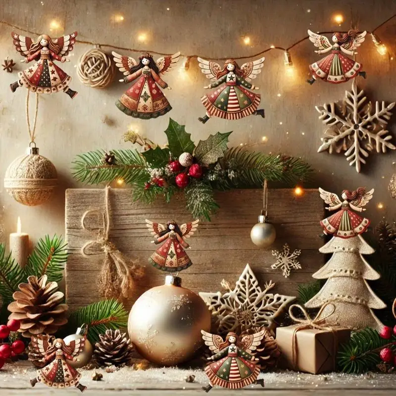 4 pezzi di ornamenti natalizi con angelo in legno fatti a mano - Pendenti multicolori per decorazioni per alberi, casa e ufficio