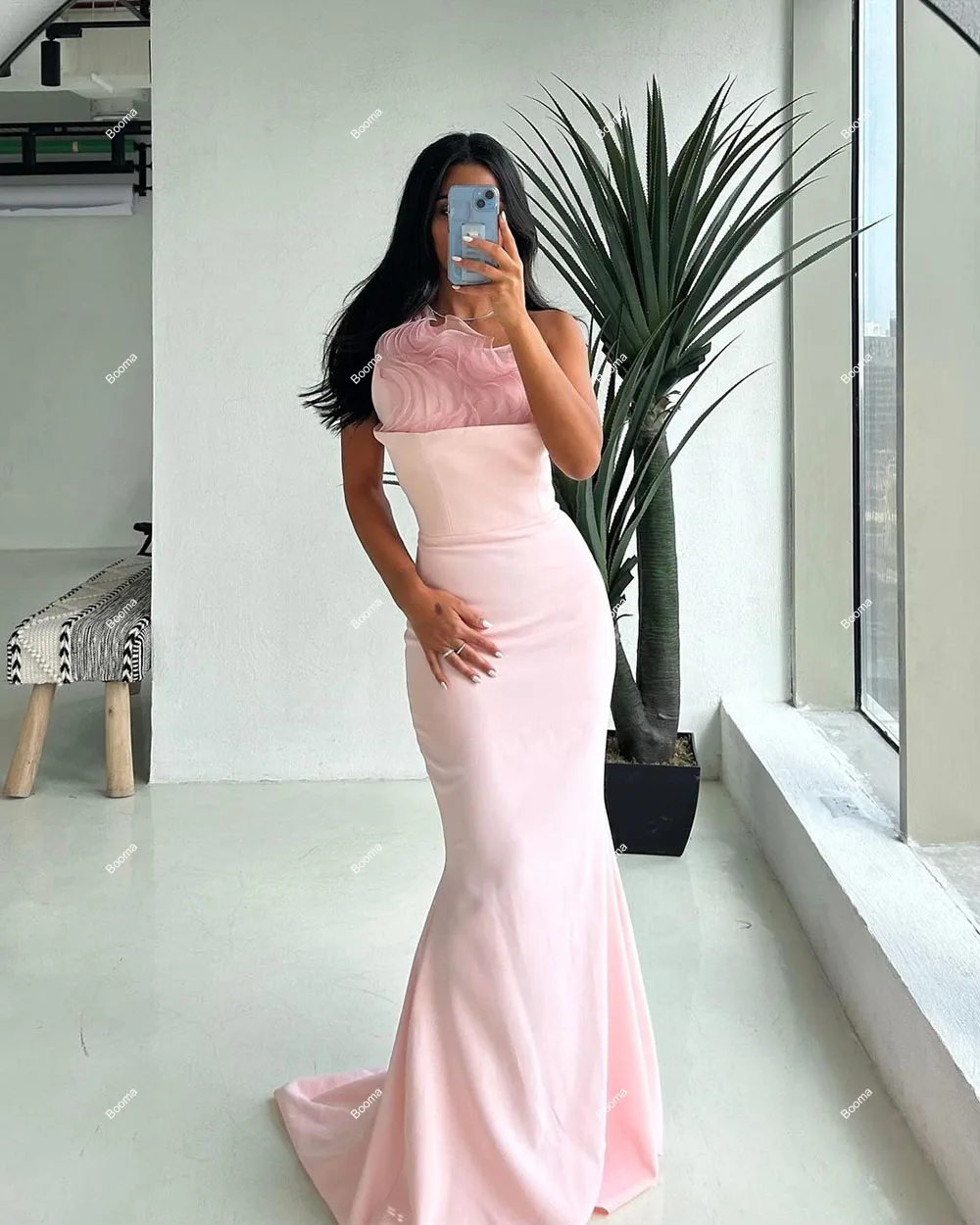 Booma Pink Mermaid Evening Dresses One Shoulder Sleeveless Ruffles Formal Occasion Gowns Dubai Wedding Party Dress with Train