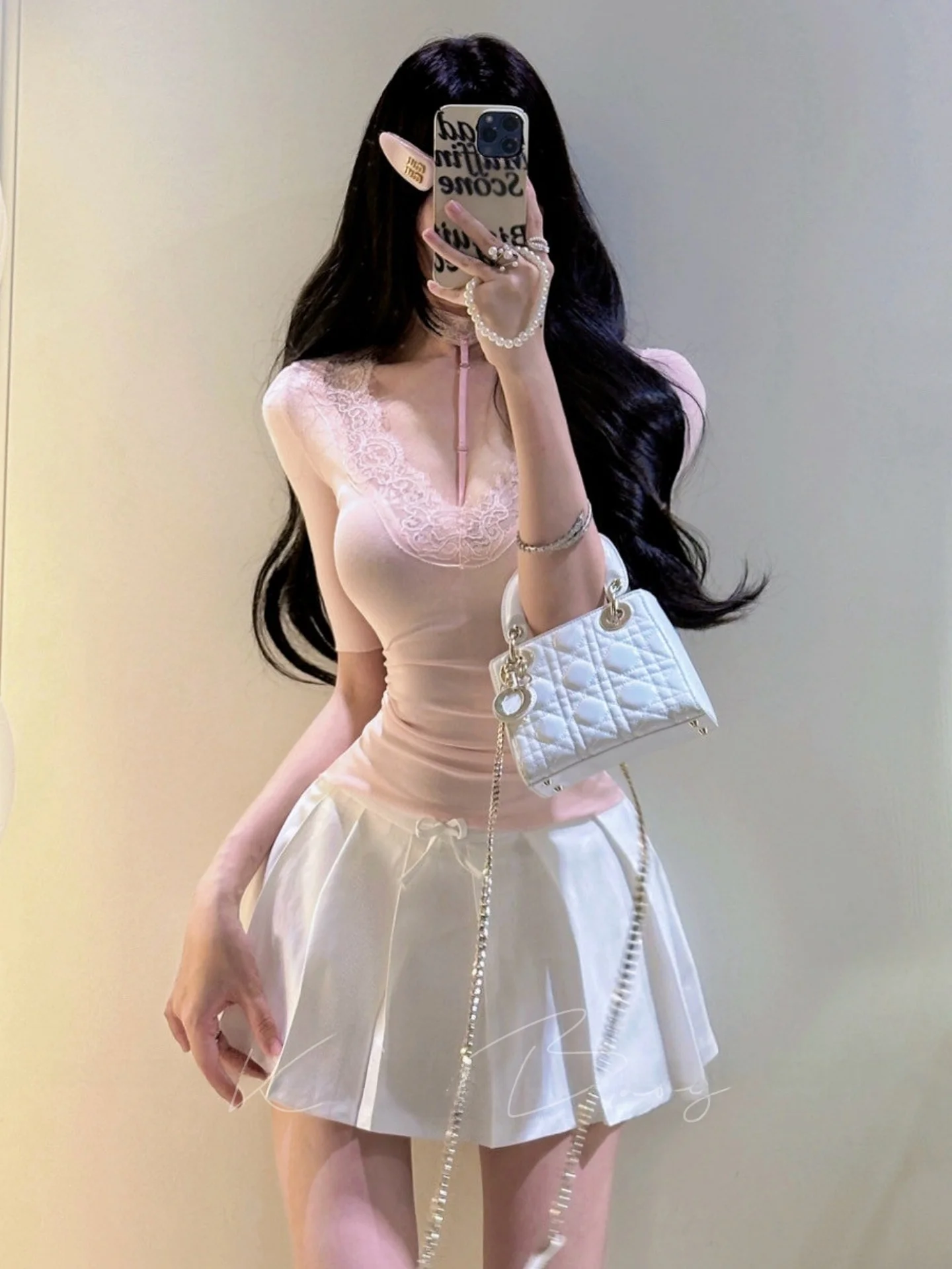 韓国風バレエガールセクシーな純粋な欲望レース-v-ネックトップノットレースハーフスカートセット半袖春ファッション女性
