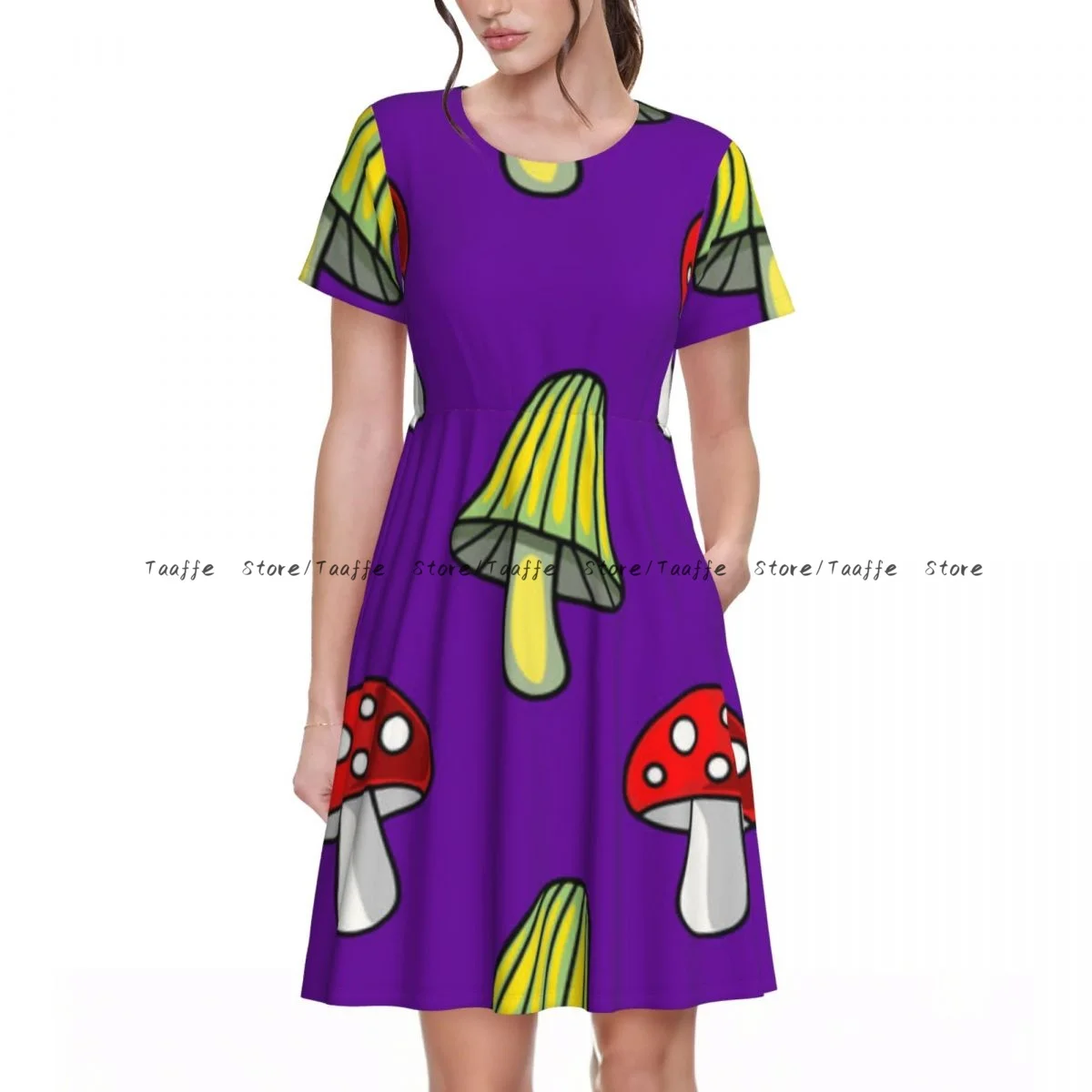

Women Dress Whimsical Cartoon Mushrooms Summer Elegant O Neck Short Sleeve Female Casual Loose Long Dress