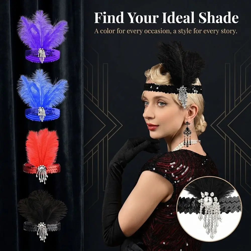 Retro Women's Feather Headband 1920s Beaded Feather Headpiece Tassel Decorative Feather Headdress Party Hair Accessories