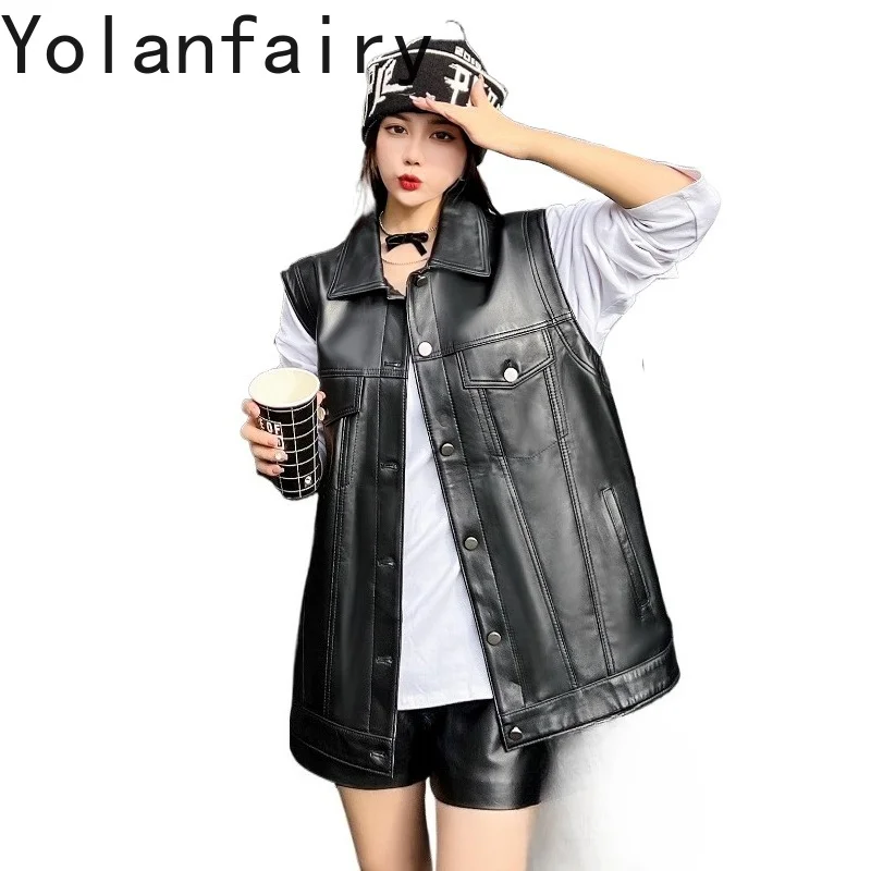 

YOLANFAIRY Genuine Sheepskin Leather Vest for Woman Turn Down Collar Sleeveless Real Leather Gilet Casual Black Vests Outerwear