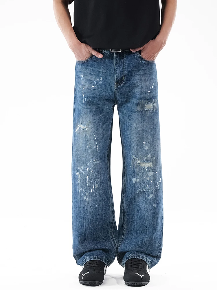 

KSTUN Men's Vintage Washed Distressed Wide Leg Jeans Paint Splatter Ripped Hiphop Loose Denim Pants Motocycle Trousers No Decor