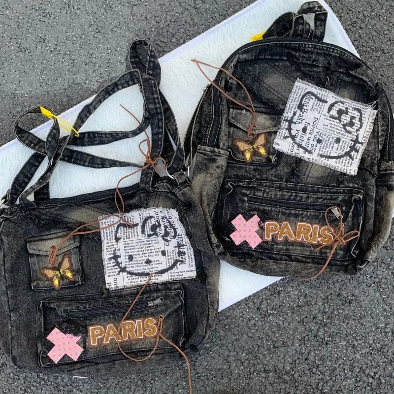 MBTI Vintage Hello Kitty Womens Shoulder Bag Patchwork Y2k Denim Fashion Aesthetic Backpacks Large Capacity Casual Messenger Bag