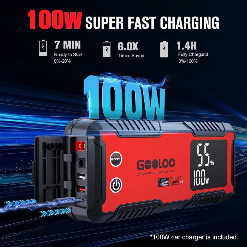 GOOLOO 6000A Jump Starter GT6000 Car Starter مع شحن سريع ثنائي الاتجاه 100 وات، معزز بطارية تلقائي قوي 12 فولت (جميع الغازات والأشغال
