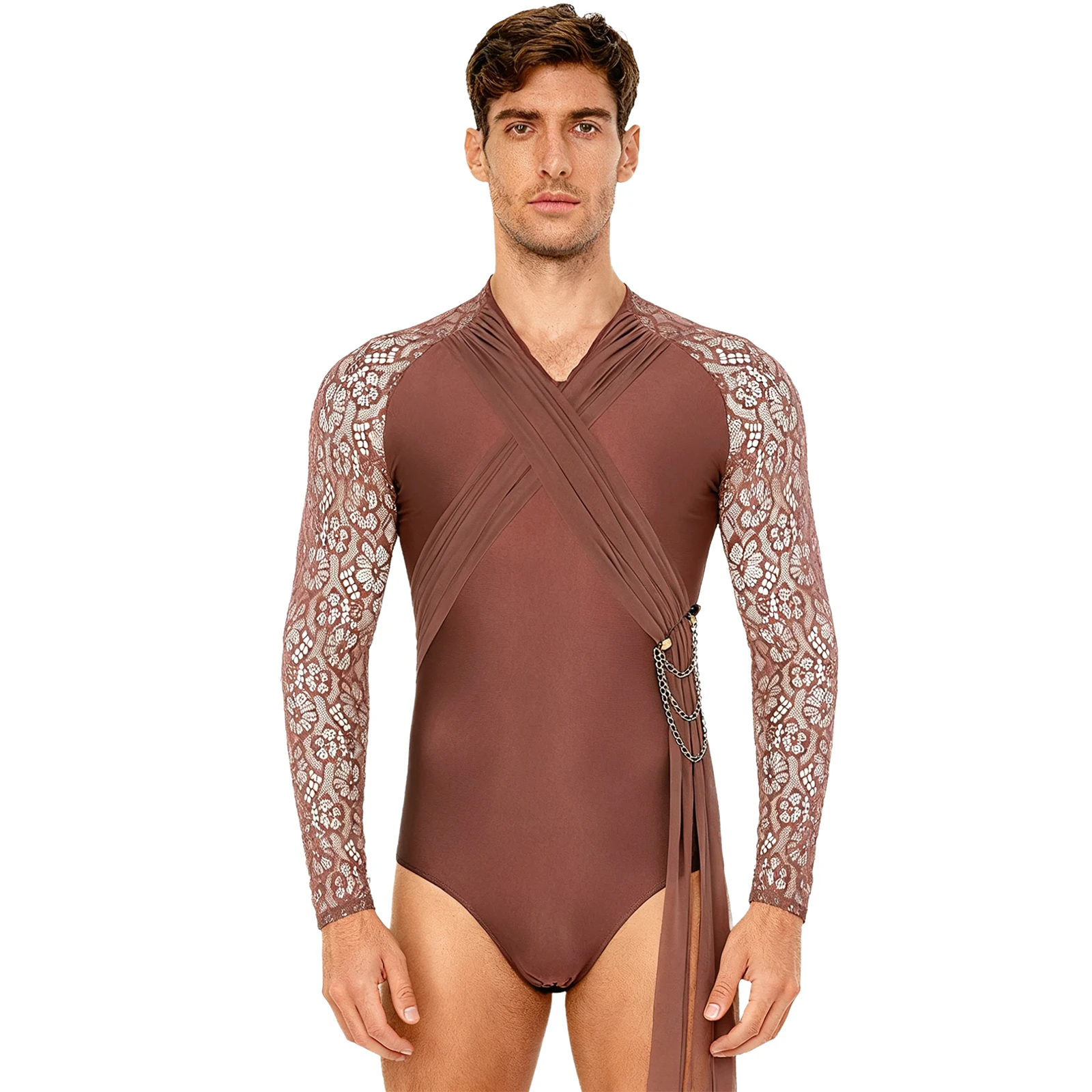 

Mens Gymnastics Ballet Latin Dance Bodysuit Shirt Sheer Floral Lace Ruched Mesh Chain Tassel Openable Crotch Leotard Jumpsuit