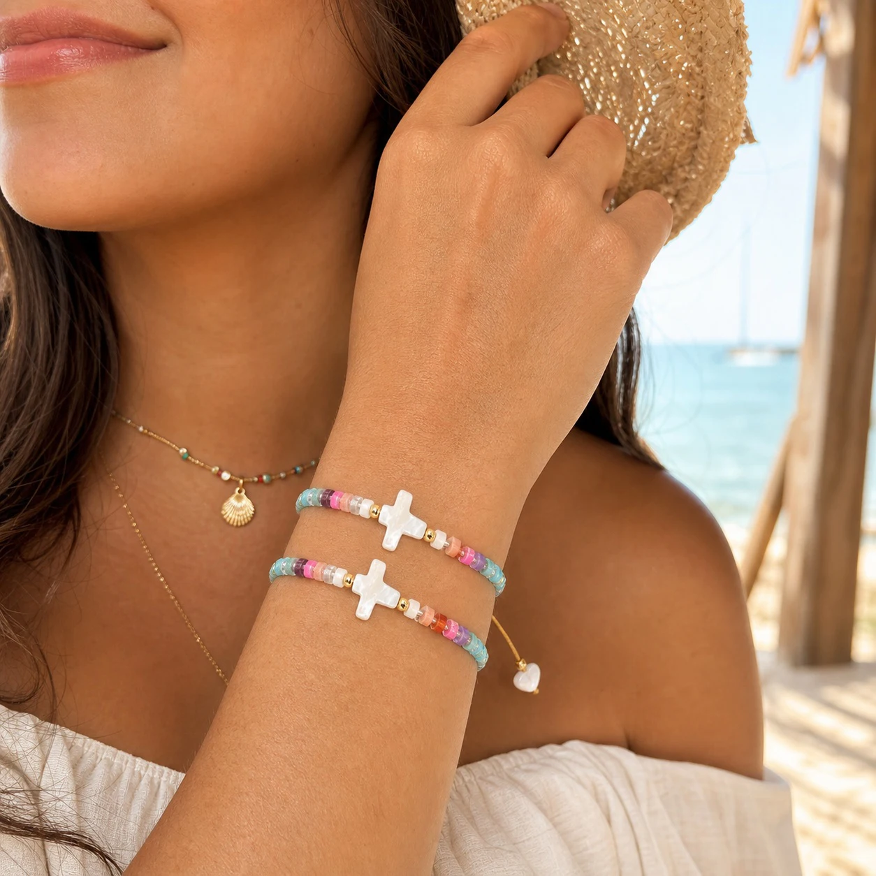 2pcs Colorful Semi Precious Stone Beaded Cross Bracelet Adjustable Cord Christian Boho Beach Jewelry for Women and Men
