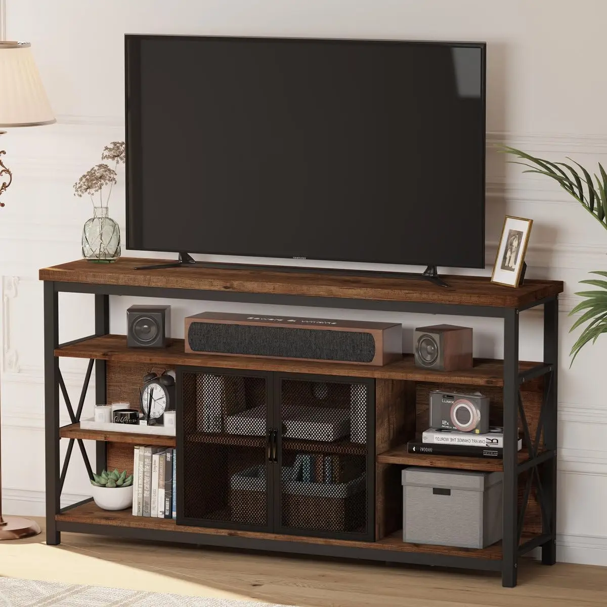 BON AUGURE Tall TV Stand for TVs up to 65 Inch, Industrial Wood Entertainment Center with Storage Cabinet, Farmhouse TV Media