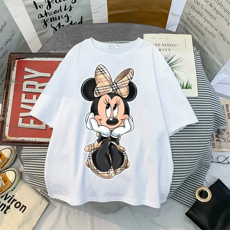 MINISO Fashion Vintage Women T-shirts Cartoon Mickey Minnie Kawaii Top Ulzzang Oversized Kids T-shirt Short Sleeves 90s Y2k